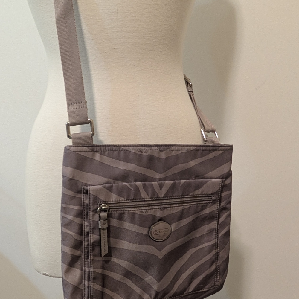 Coach Gray And Tan Zebra Print Nylon File Crossbody Bag